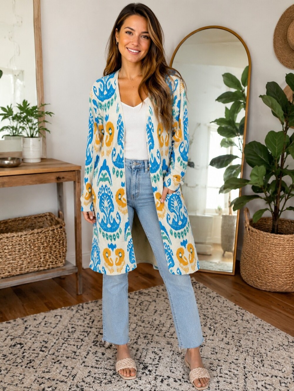 J. McLaughlin Blue Mustard Ikat Print Long Cashmere Cardigan Sweater Duster S